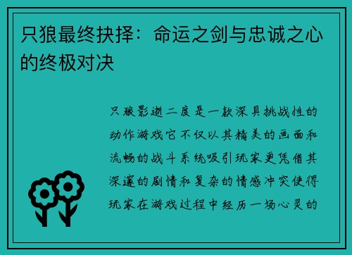 只狼最终抉择：命运之剑与忠诚之心的终极对决