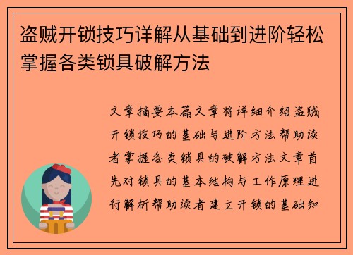盗贼开锁技巧详解从基础到进阶轻松掌握各类锁具破解方法